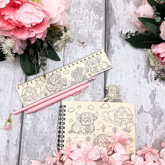 Highland Cow Paintable Wooden Ruler & Bookmark Stationery Set