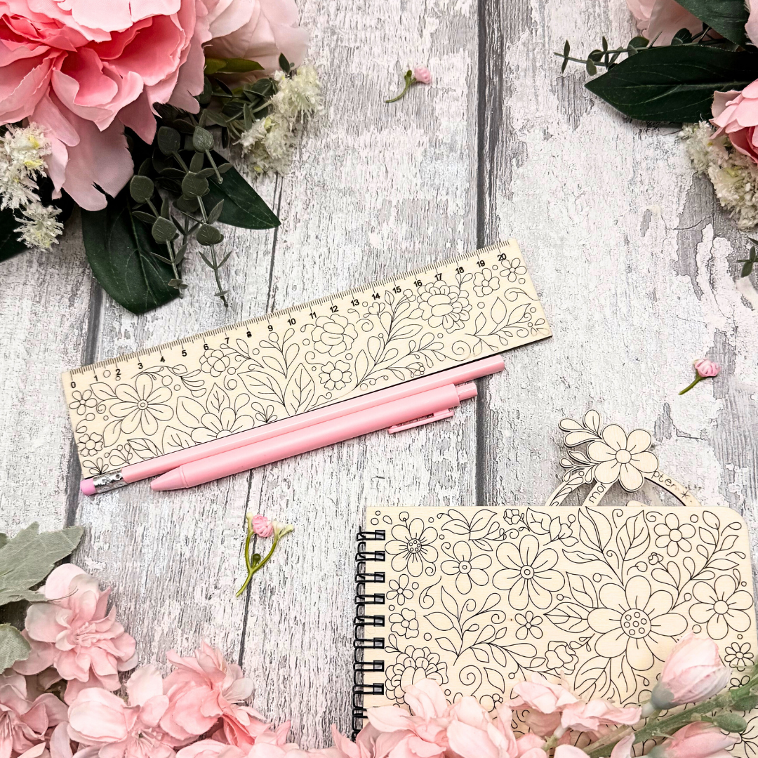Floral Paintable Wooden Ruler & Bookmark Stationery Set