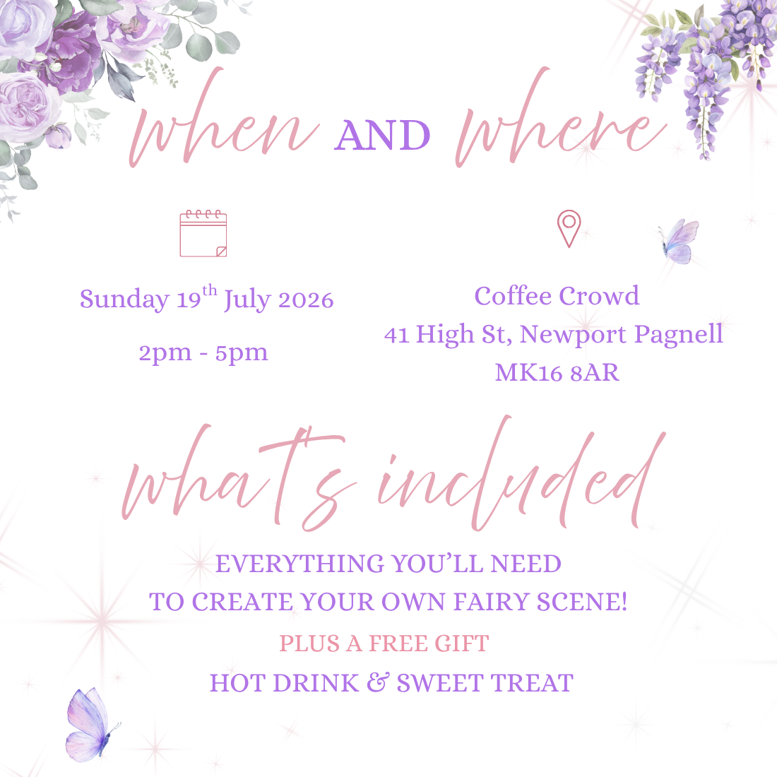 Invitation card with event details and floral decorations on a white background