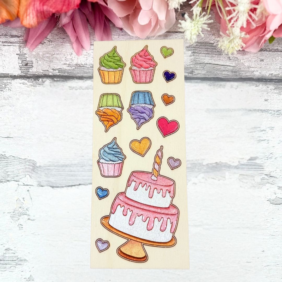 Birthday Cakes Wooden Colouring Sheet