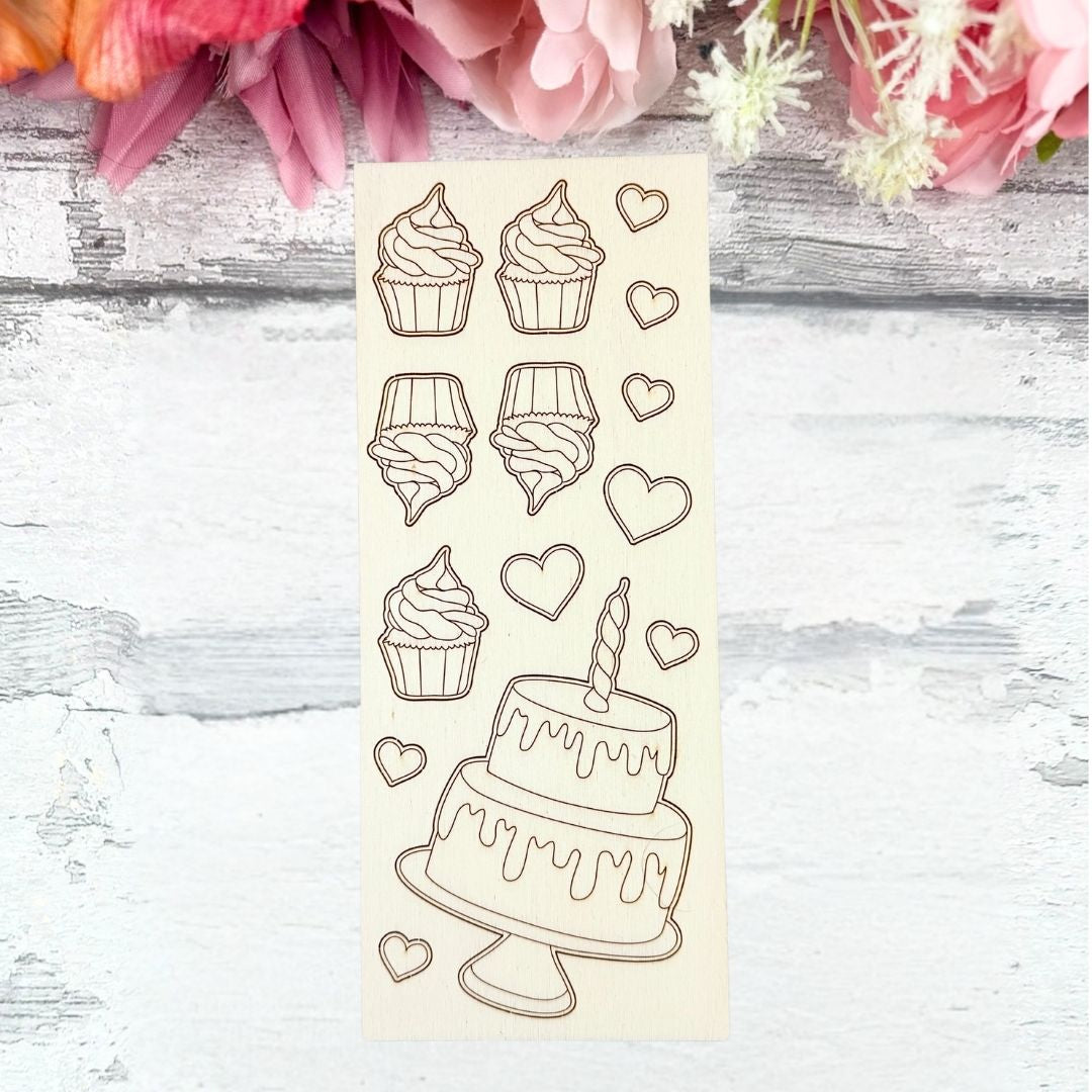 Birthday Cakes Wooden Colouring Sheet