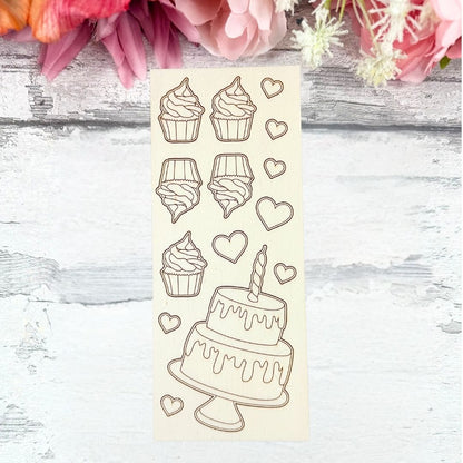Birthday Cakes Wooden Colouring Sheet