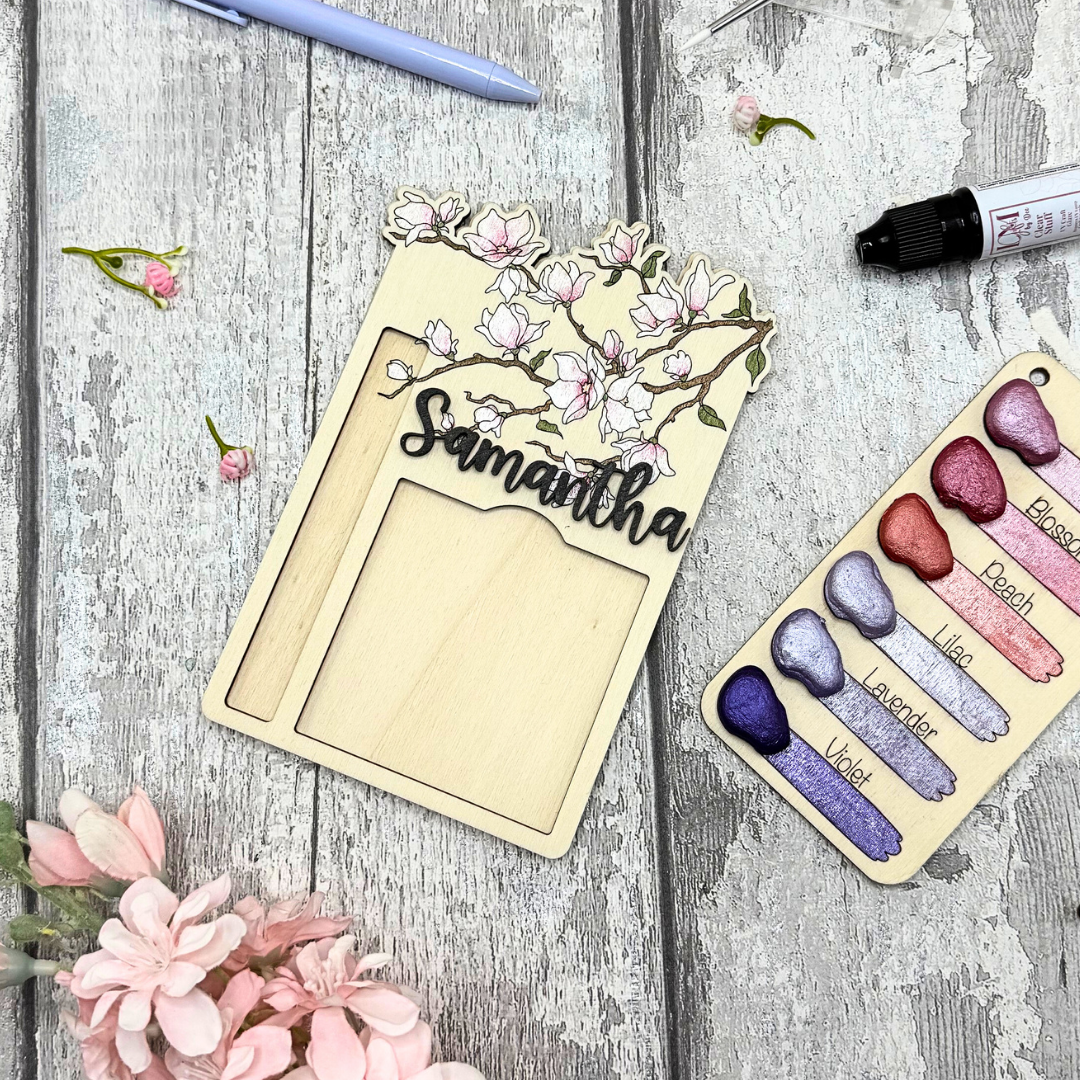 Cherry Blossom Personalised Notepad Holder – Paintable Wooden Desk Accessory