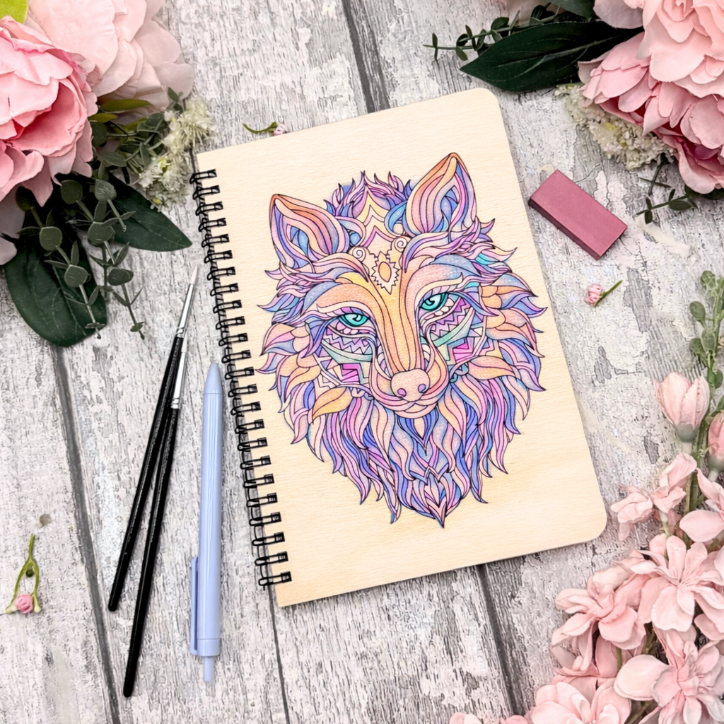 Wolf Spirit A5 Notebook – Paintable Wooden Cover