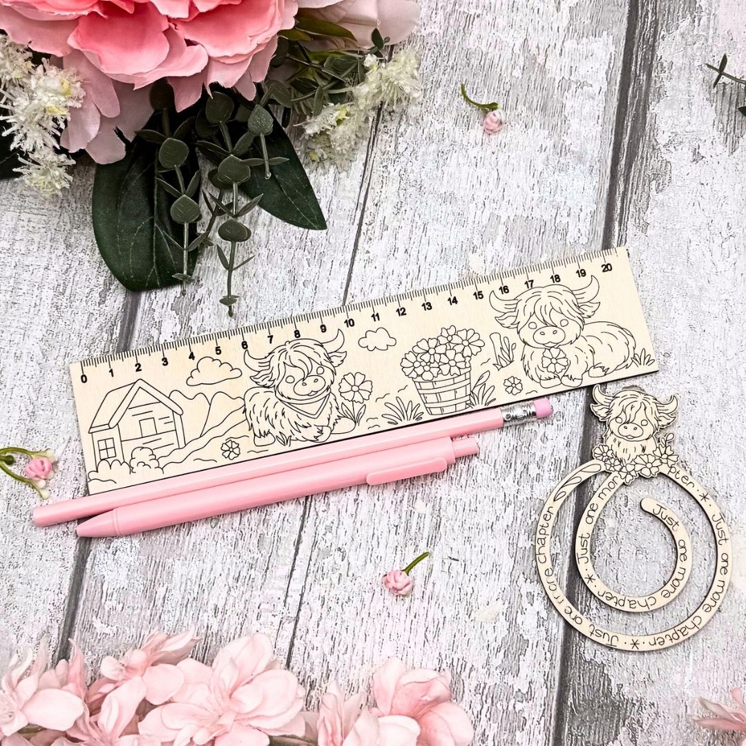 Highland Cow Paintable Wooden Ruler & Bookmark Stationery Set