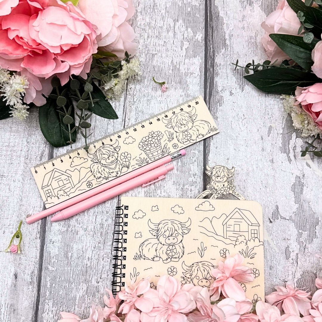 Highland Cow Paintable Wooden Ruler & Bookmark Stationery Set