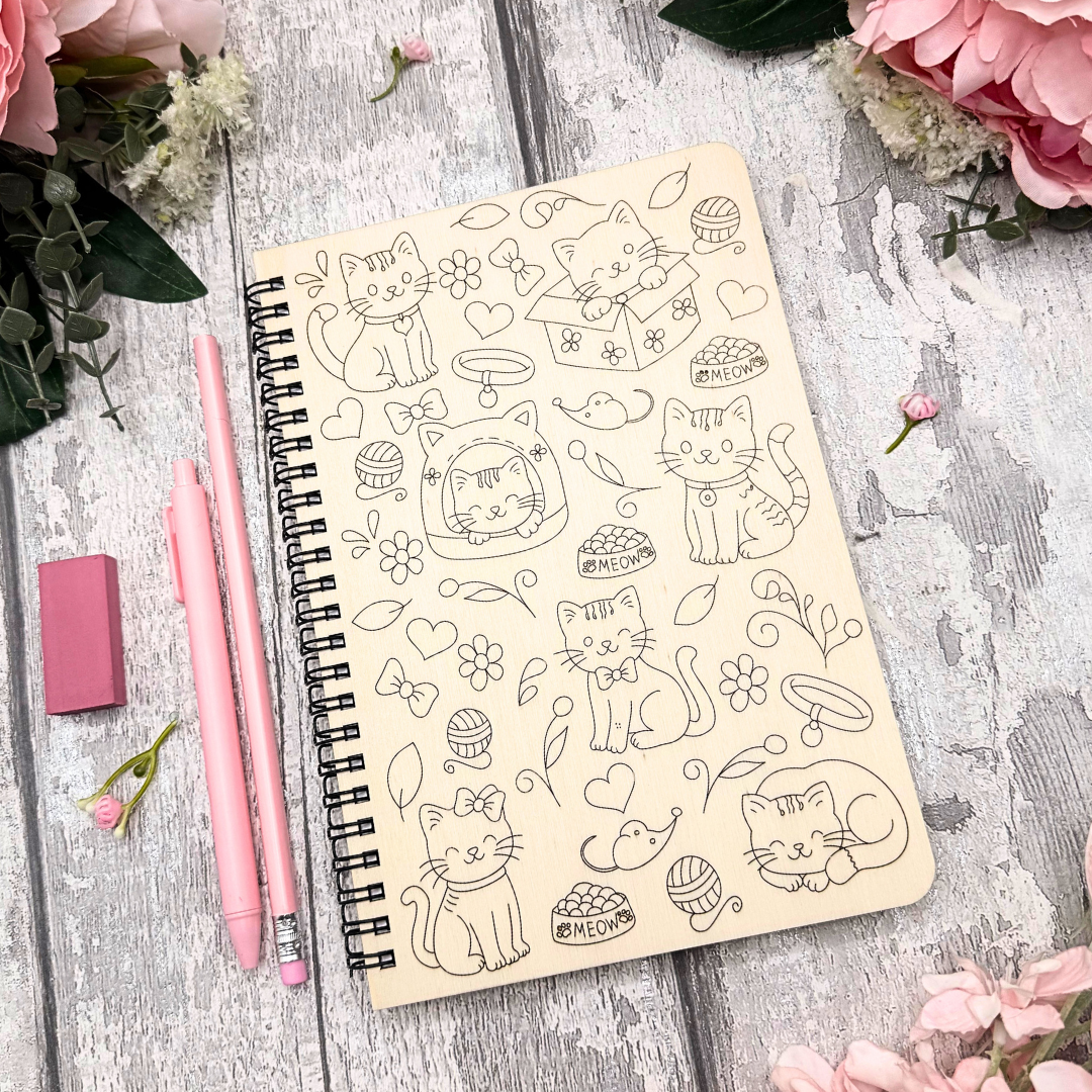 Purr-fect Pages A5 Notebook – Kitty Cat Wooden Cover