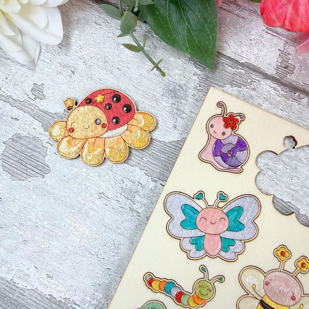 Mini Bugs & Frog Wooden Colouring Sheet