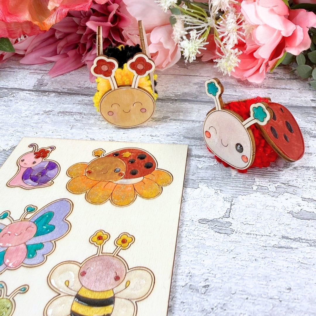 Mini Bugs & Frog Wooden Colouring Sheet