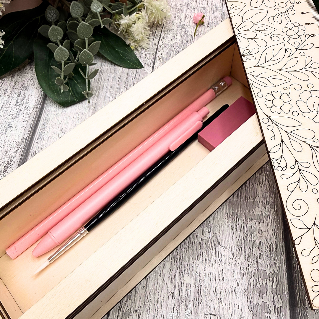 Floral Slide & Store Stationery Box – Buildable Wooden Craft Kit