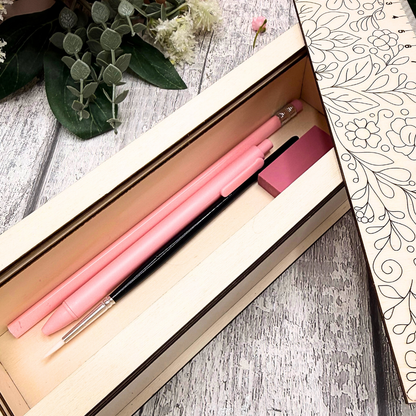 Floral Slide & Store Stationery Box – Buildable Wooden Craft Kit