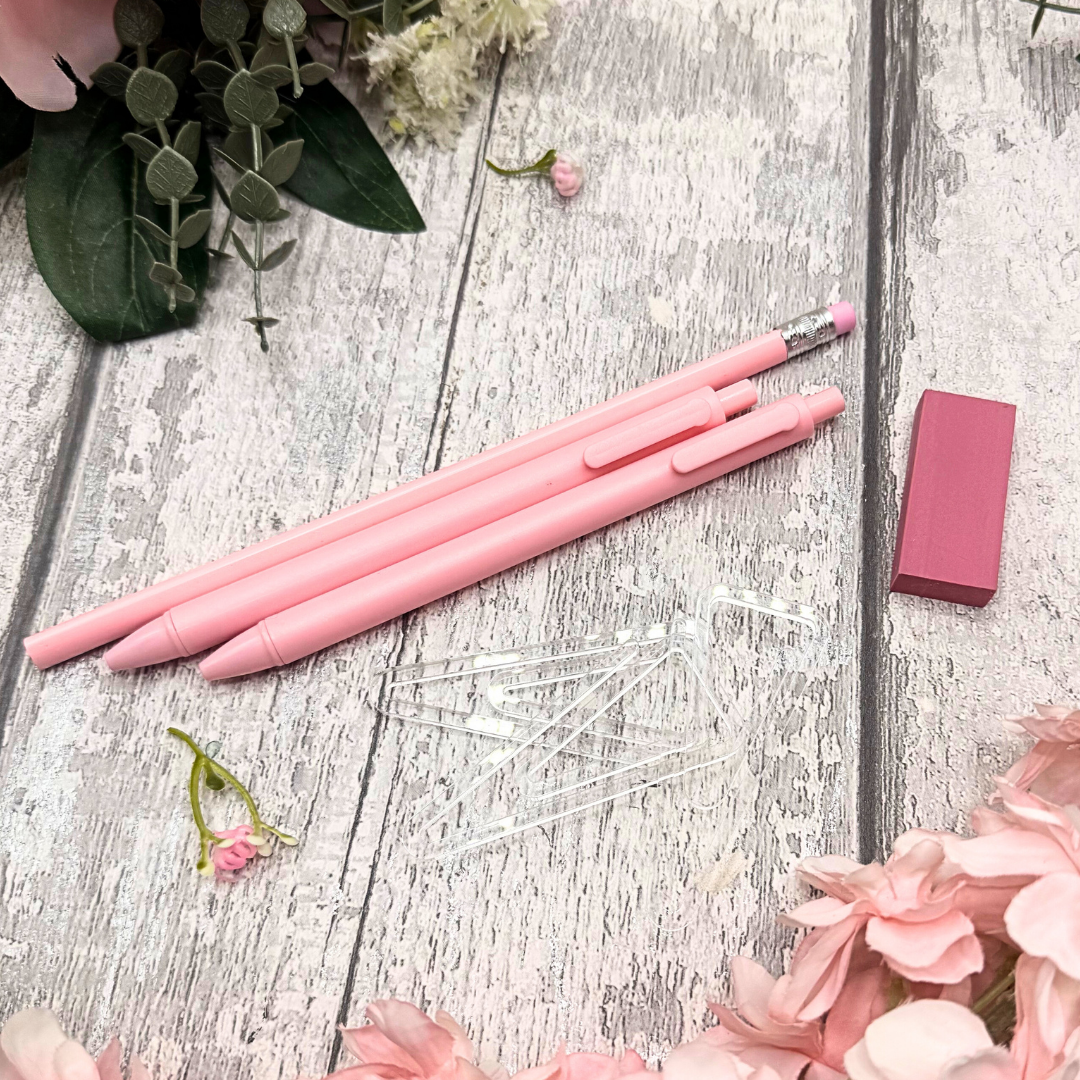 Blush Pink Stationery Set – Pens, Pencil & Acrylic Paper Clips