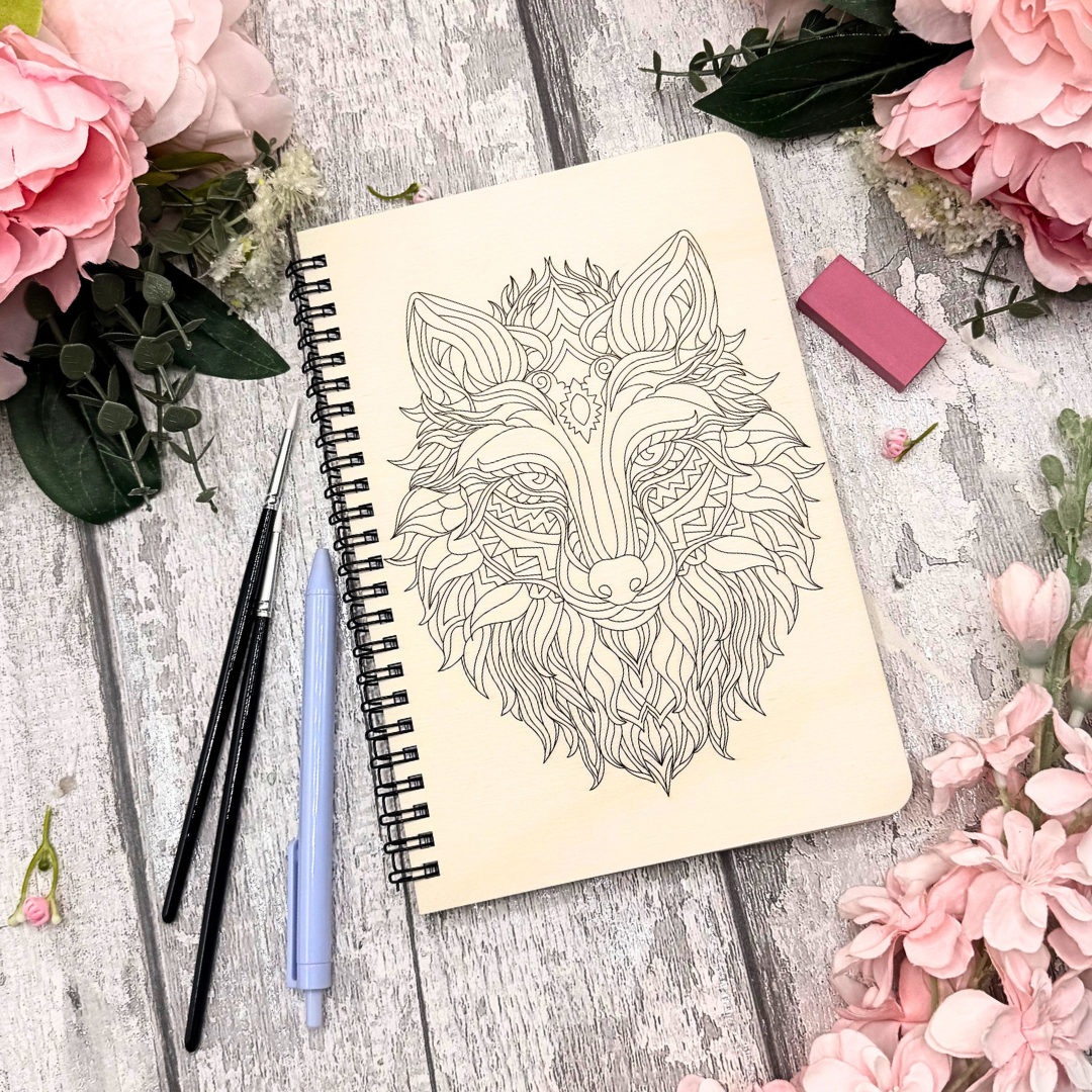 Wolf Spirit A5 Notebook – Paintable Wooden Cover