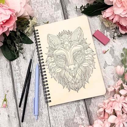 Wolf Spirit A5 Notebook – Paintable Wooden Cover