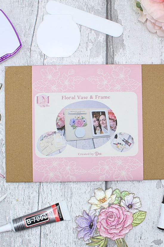 Floral vase and frame craft kit with packaging, brushes, paints, glue and Clear Stuff glaze
