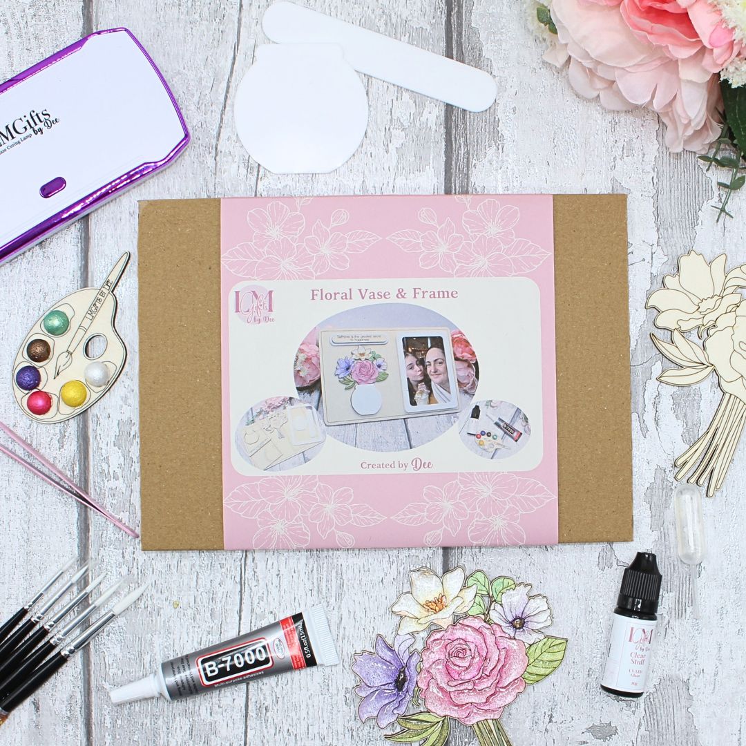Floral vase and frame craft kit with packaging, brushes, paints, glue and Clear Stuff glaze
