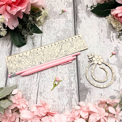 Floral Paintable Wooden Ruler & Bookmark Stationery Set