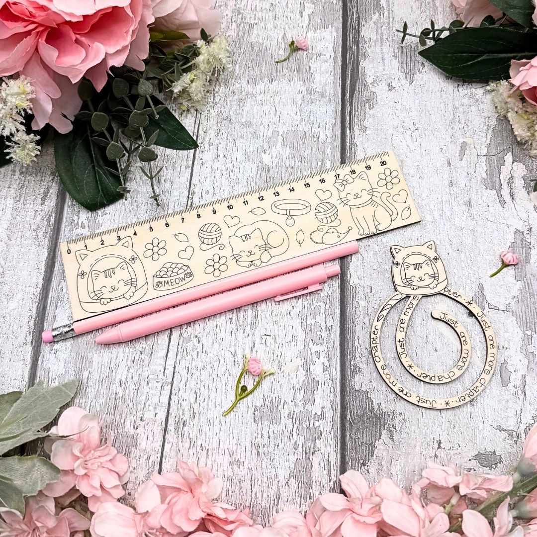 Kitty Cat Paintable Wooden Ruler & Bookmark Stationery Set