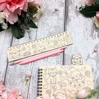 Kitty Cat Paintable Wooden Ruler & Bookmark Stationery Set