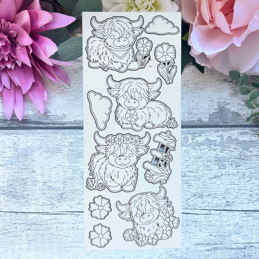 Highland Cow Mini Craft Sheet – Cute Cow & Floral Wooden Elements